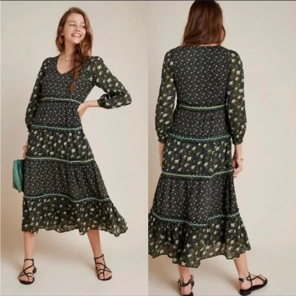 Anthropologie Tiered Maxi Bohemian feminine floral green spring dress Sz 4 Small - Picture 1 of 4